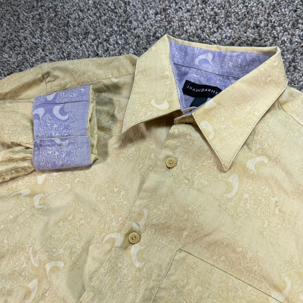 Jhane Barnes Men L Yellow Jacquard Paisley Flip Cuff Long Sleeve Button Up Shirt